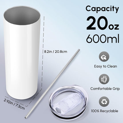 Skinny Sublimation Tumblers with Lid and Straw, 20oz Stainless Steel Straight Tumbler Bulk, Vacuum Insulated Coffee Mug for Home, Office, Travel, DIY