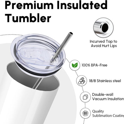 Skinny Sublimation Tumblers with Lid and Straw, 20oz Stainless Steel Straight Tumbler Bulk, Vacuum Insulated Coffee Mug for Home, Office, Travel, DIY