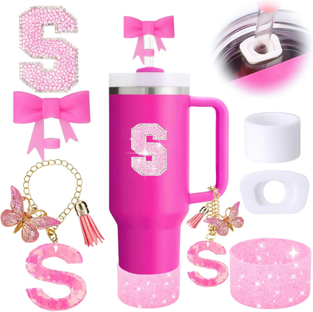6PCS Pink Stanley Cup Accessories Set, Initials Decorations for Stanley Cup 30oz 40oz, Includes Bow Straw Topper, Handle Charm, Letter Sticker, Silicone Boot, Spill Proof Stopper (Letter S)