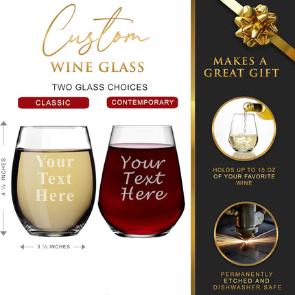 Personalized 15oz Stemless Wine Glass - Engraved With Your Custom Text
